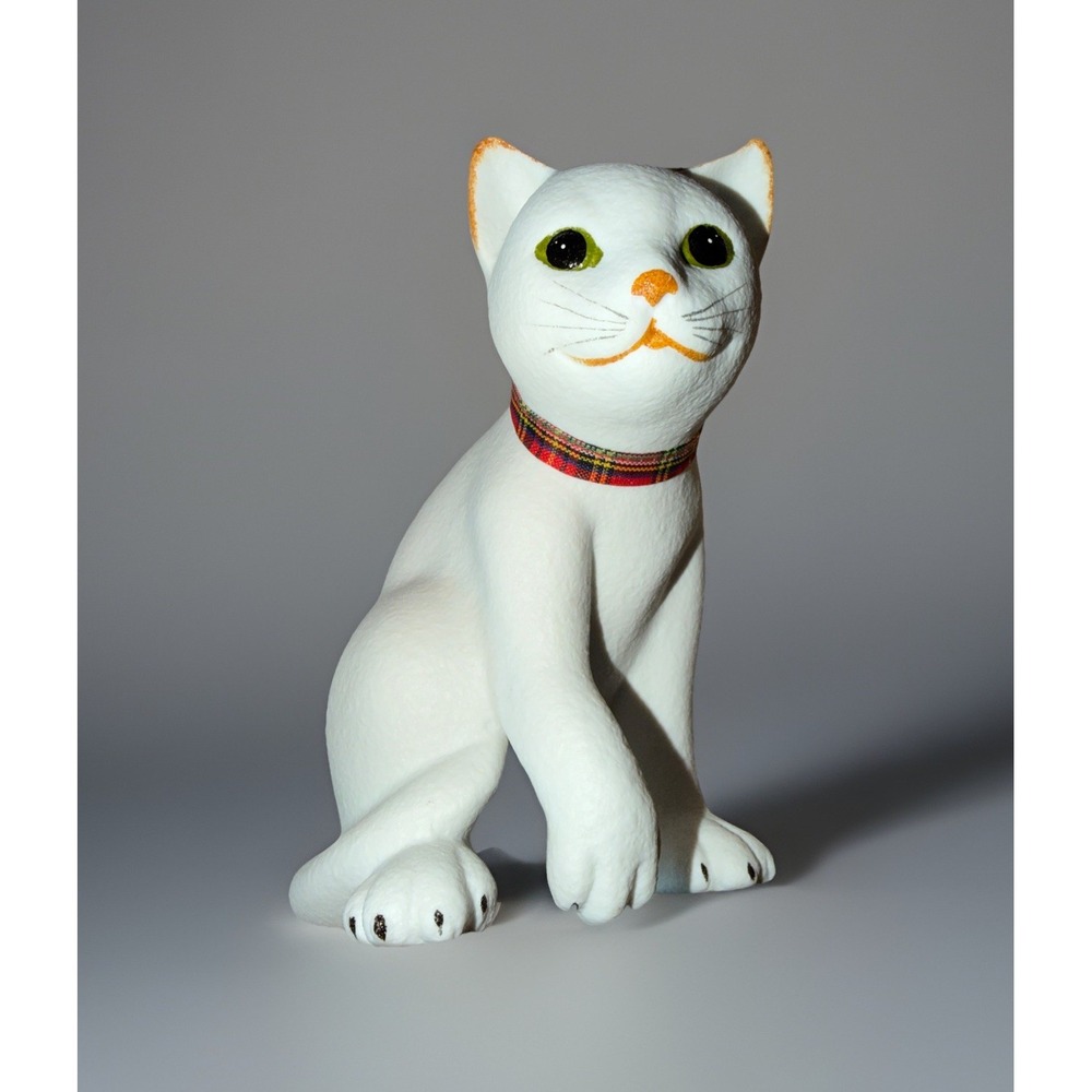 Vintage White‎ Cat Kitten Ceramic Figurine Red Scarf Christmas Hand Painted